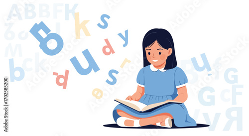 Young Girl Delighted Reading a Book with Floating Letters Representing Education