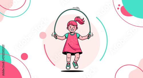 Young Girl Leaping Rope, Vibrant Illustration of Child's Lively Jump Activity
