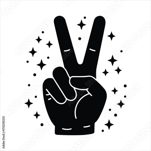 Peace sign hand gesture surrounded by sparkling stars festive celebration and positivity symbol