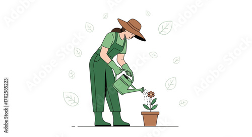 Woman Gardening: Watering Plant And Nurturing Nature In A Peaceful And Bright Scene