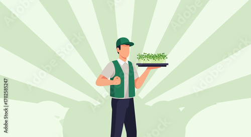 Young Grower Showcasing Freshly Cultivated Microgreens Against Sunburst Background