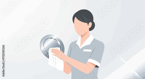 Woman Hand Cleans Steel Plate With White Cloth In Modern Style Illustration