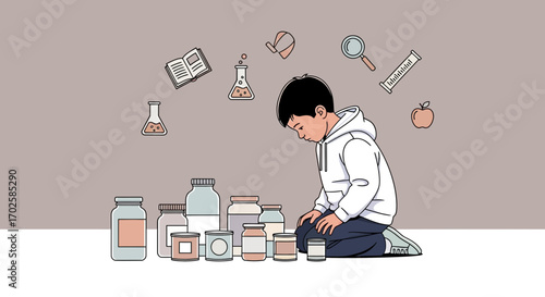 Young Investigator Contemplating Experimentation Near Science Elements and Supplies