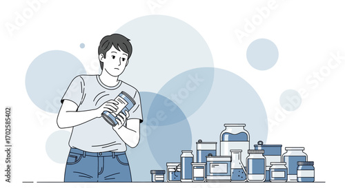 Young Man Examines Container Among Collection of Jars, Bottles, and Laboratory Vessels