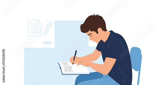 Young Man Focused on Writing in Notebook Concept for Education, Study and Work