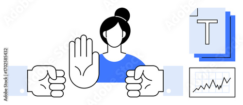 Woman raises hand to convey refusal or mediation between disagreements. Stacks of papers, text documents, and a graph highlight decision-making and resolution contexts. Ideal for conflict management