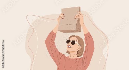 Woman Holding Brown Paper Bag Above Her Head, Smiling, Sunglasses And Fashion Illustration