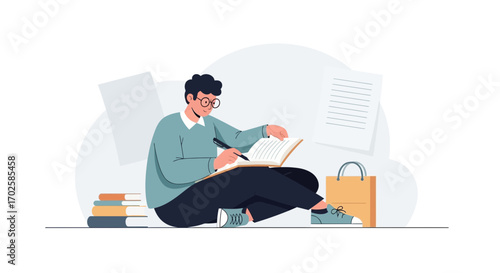 Young Man Focused on Writing in Notebook Study Session with Books and Papers