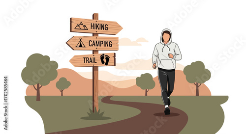 Young Man Jogging Along A Trail With Arrows Indicating Outdoor Recreational Activities