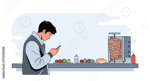 Young Man Ordering Food Online At Restaurant While Checking Phone, Flat Illustration.