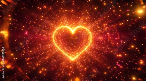 Glowing heart shape formed by a swarm of fiery particles and bokeh lights, symbolizing love and passion