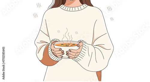 Woman Holding Steaming Bowl Of Soup In An Appealing And Cozy Illustrated Scene
