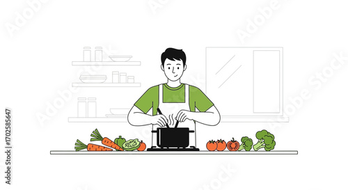 Young Man Prepares a Healthy Home Cooked Meal With Fresh Vegetables on a Bright Day