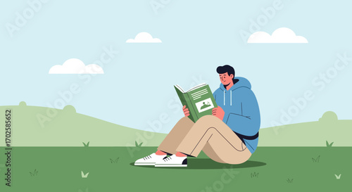 Young Man Reading Outdoors in Nature, Enjoying a Moment of Peaceful Solitude