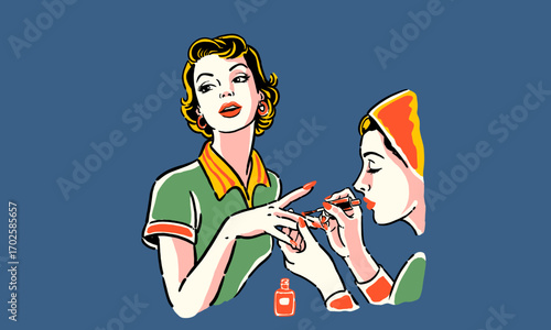 retro pop art illustration of a woman getting a manicure. Vintage beauty artwork for a nail salon