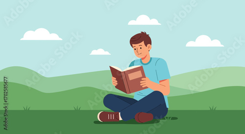 Young Man Sitting Outdoors Deeply Engrossed Reading a Book in Peaceful Environment