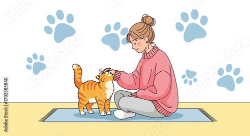 Woman Interacting Tenderly With Her Domestic Cat, Cute Cartoon Illustration