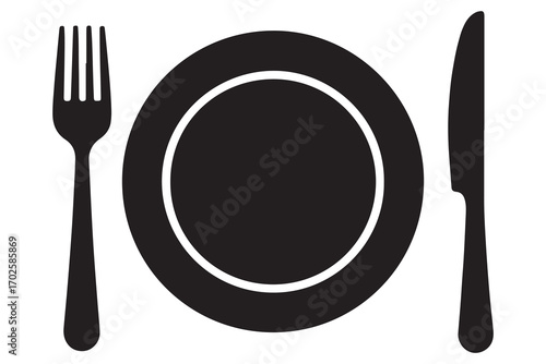 Knife fork and plate silhouette vector icon illustration isolated on white background
