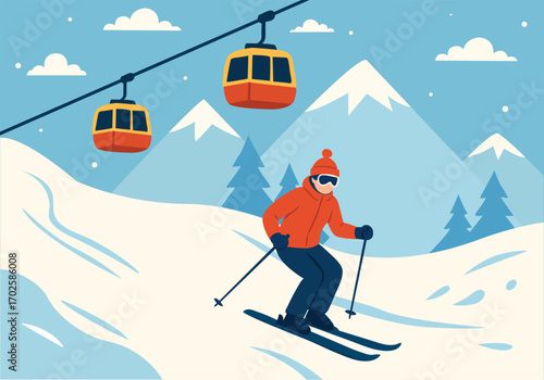 Snow-Covered Mountains with Active Skiers and Cable Car Ride