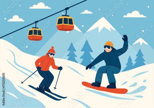 Winter Sports Scene at a Snowy Mountain Ski Resort with Skiers and Snowboarders