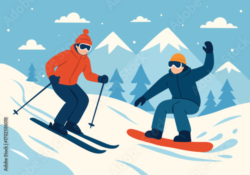 Skiers and Snowboarders Enjoying a Winter Day on the Slopes with Funicular