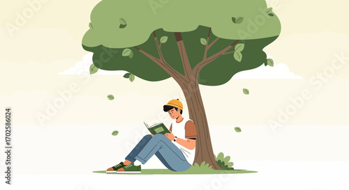 Young Person Reads Book Under Tree Relaxing And Enjoying Peace In Nature
