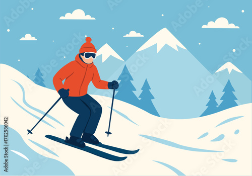 Snowy Alpine Resort Landscape with Skiers.
