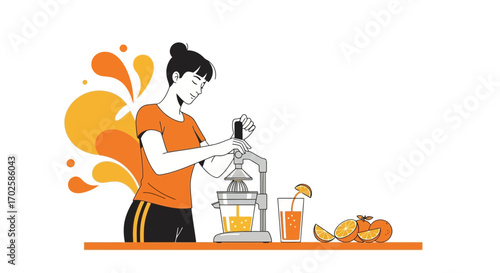 Woman Juicing Oranges Illustration For Refreshment And Healthy Living Concept