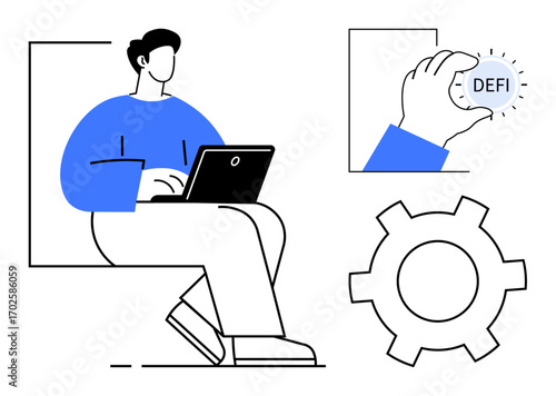 Man working on laptop, hand holding DeFi token, gear icon symbolizing settings, automation. Ideal for fintech, blockchain, cryptocurrency, innovation, software tech education simple landing page