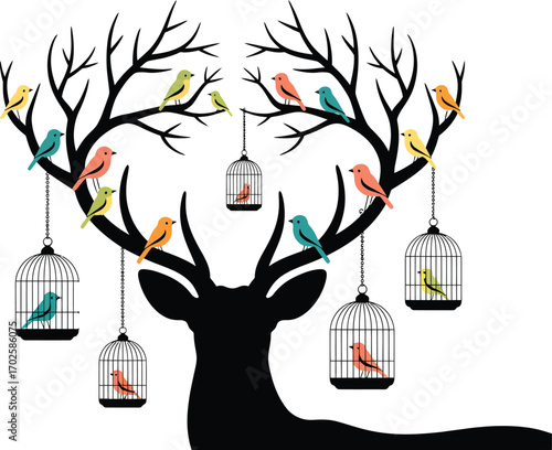 Whimsical deer antlers decorated with birds and cages