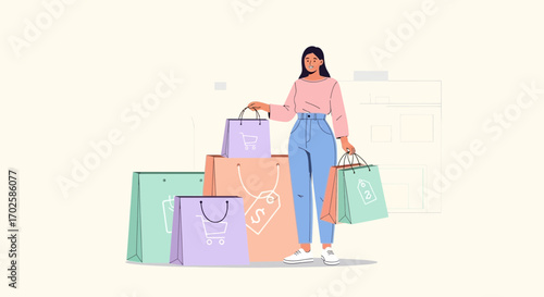 Woman Laden With Shopping Bags, Ready To Head Out, Showing Lifestyle And Spending Habits