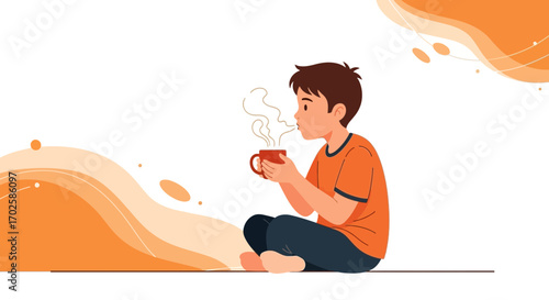 Young Person Sipping A Hot Beverage Vector Illustration In Modern Flat Design Style