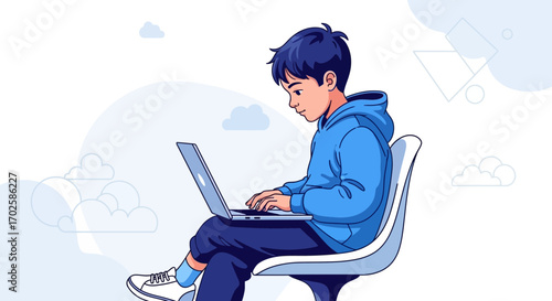 Young Person Working On Laptop While Sitting On A Chair In A Modern Style Illustration