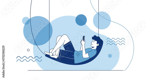 Young Person Using Mobile Device While Relaxing In Hammock, Concept Illustration