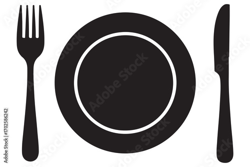 Knife fork and plate silhouette vector icon illustration isolated on white background
