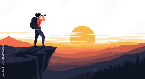 Woman Observing Scenic Sunset From Mountain Peak With Binoculars In Hand