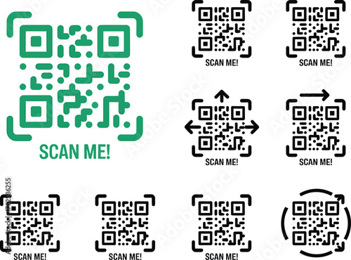 Collection of qr codes with scan me text and various icons