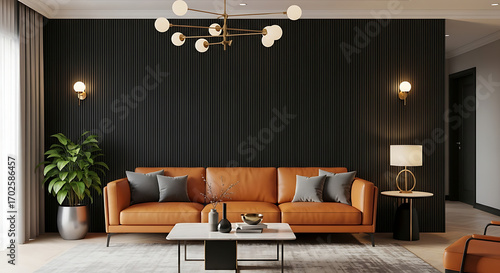 Modern living room interior design with brown leather sofa, black wall paneling, and stylish lighting, creating a cozy and sophisticated atmosphere for relaxation and entertainment