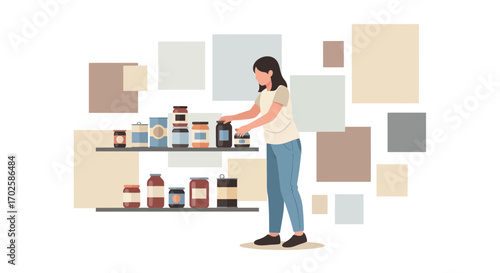 Woman Organizing Food Storage With Shelves And Jars Preparing Meals Or Snacks in the Kitchen