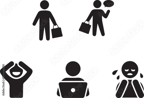 Diverse Emotions and Daily Life Vector Icons of People Experiencing Shopping, Joy, Work, and Sadness