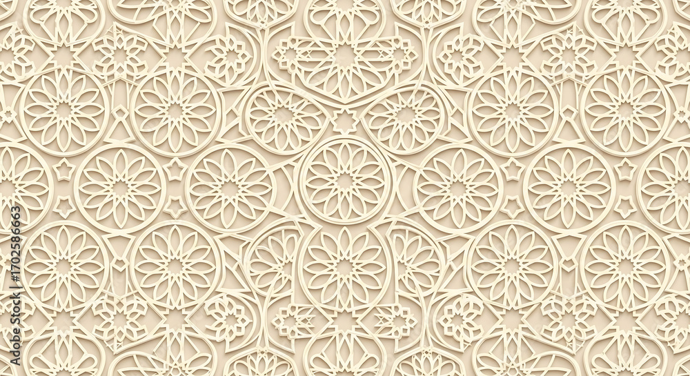 Elegant seamless 3D vector pattern with floral and circular motifs in beige tones, ideal for wallpaper, textile, or digital design. Elegant seamless 3D vector pattern with floral and circular motifs in beige tones, ideal for wallpaper, textile, or digital design.