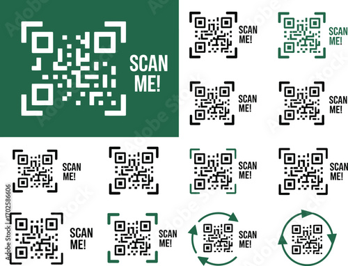 Collection of qr codes with scan me text and circular arrows