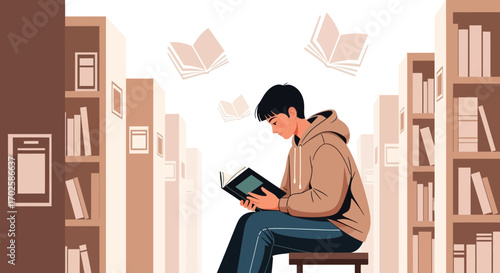 Young Reader Immersed In Book, Surrounded By Bookshelves In Library Scene