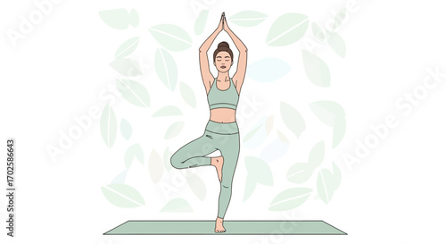 Woman Performing Yoga Pose Tree Position On White Background With Leaves Illustration