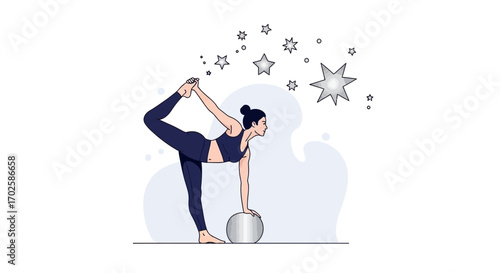 Woman Performing Yoga Pose With Sparkling Stars, Achieving Balance and Harmony Within