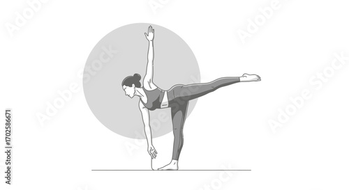 Woman Performing Yoga Pose, Abstract Monochrome Illustration, Balance and Flexibility.