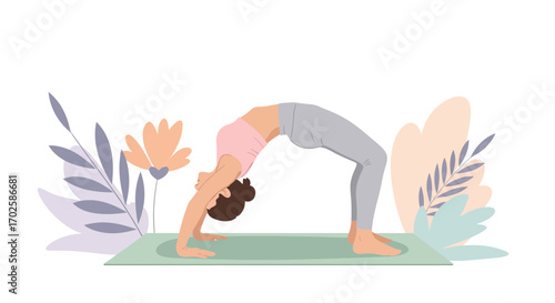 Woman Performing Yoga Wheel Pose With Floral Elements For Wellness And Harmony