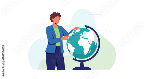 Woman Pinpointing Location on Globe Suggesting Traveling, Education, and Exploration Concepts