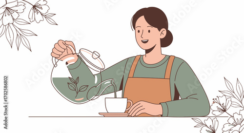 Woman Pouring Tea Into a Cup, Enjoying the Aroma and the Moment of Serenity