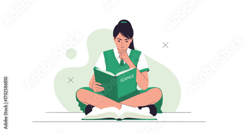Young Student Concentrating On Science Reading A Book While Absorbed In Thoughtful Study.